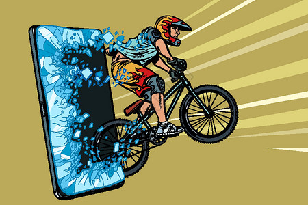 自行车绿道体育在线新闻概念 山地自行车上戴着头盔的运动员骑自行车的人电话天空漫画山地车竞赛卡通片骑士领导男人男性设计图片