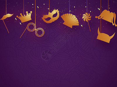 吉拉弯在嘉年华或节日c 中 党道具挂在紫色背景上小丑享受海报狂欢舞会问候语假期面具邀请函历史设计图片