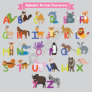 美国红松鼠多彩的 A 到 Z 英文字母与动物设计图片