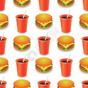 红色包子素材街头快餐无缝模式 新鲜的汉堡包和冷饮 不健康的高热量膳食 三明治一套设计图片