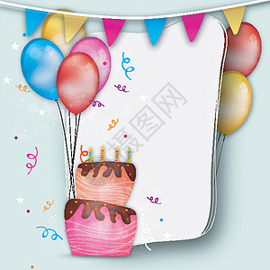 生日问候生日快乐背景与蛋糕甜点气球涂鸦蜡烛横幅狂欢甜食派对面包庆典设计图片