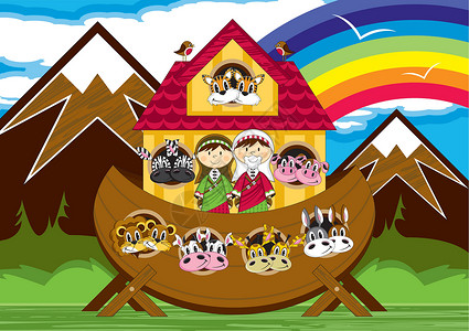 泰亚提山卡通诺亚方舟和动物圣经历史彩虹宗教卡通片奶牛狮子斑马设计图片