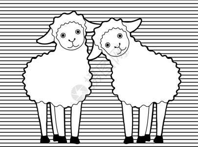 黑色上的红羊点状背景上的两只单色可爱卡通羊设计图片