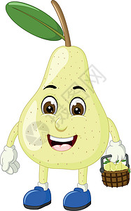 开心的梨白色梨水果持有棕色篮子卡通设计图片