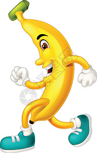 一个黄色香蕉滑稽步行黄色香蕉穿蓝色鞋子卡通设计图片