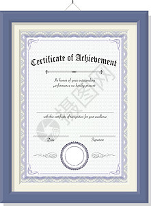 蓝色邮票框架木框架上的垂直矢量成就证书设计图片