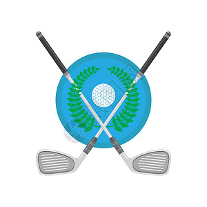 酒窝高尔夫球球和棍子与孤立在白色背景上的绿色月桂树设计图片