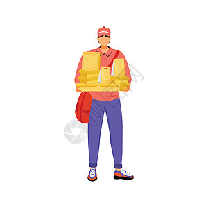 外卖动画素材比萨送货员男性快递员与包裹平面颜色矢量不露面的字符 用于网页图形设计和动画的外卖餐厅送餐服务独立卡通插图设计图片