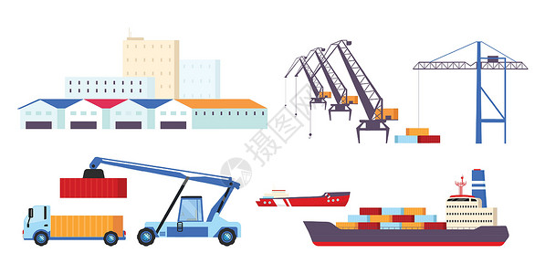 货船卡通海上运输平面颜色矢量对象集 货船货物集装箱重型起重机和仓库 2D 孤立的白色背景卡通插图 货运业务设计图片