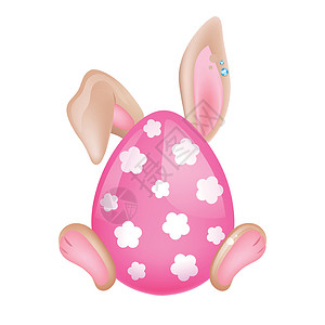 吃货兔宝宝表情可爱的复活节兔子隐藏在粉红色的蛋卡哇伊卡通矢量人物后面 可爱有趣的动物爪子和耳朵隔离贴纸 逾越节的象征 动漫婴儿兔兔表情符号在惠设计图片