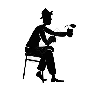 小时候怀旧漫画男子饮酒黑色剪影矢量图 坐在椅子上的人姿势 戴着帽子的老式绅士 带有鸡尾酒二维卡通人物形状 用于商业动画打印设计图片