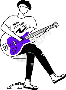 紫色吉他吉他手平面轮廓矢量图 摇滚音乐节 吉他手 音乐家 音乐乐队成员 摇滚 音乐会 孤立的卡通人物轮廓白色 简单画图设计图片