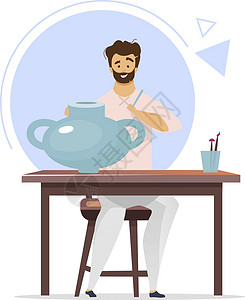 卡通手绘花壶瓷器画家平面彩色矢量插图 男人画陶瓷壶 男性人物装饰陶器 陶器制作 白色背景上的孤立卡通人物设计图片