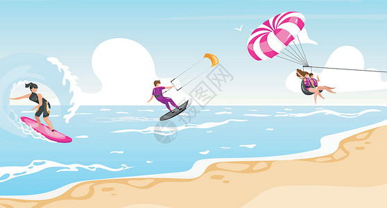 扬起风帆它制作图案的水上运动平面矢量海浪运动员滑水板摩托艇肾上腺素海岸线活动海洋插图夫妻设计图片