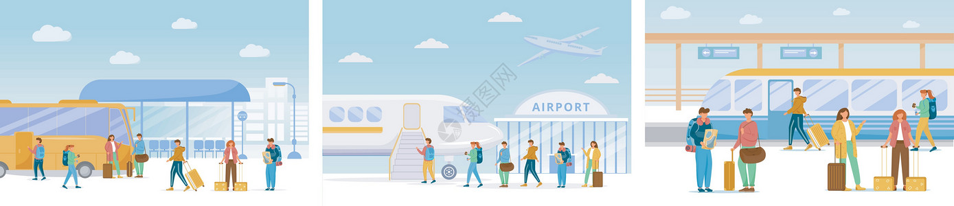 队列旅行平面矢量插图集 巴士站机场火车站 假期旅行 带接送的旅程 航程 人们以不同的交通方式移动卡通人物设计图片