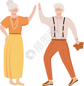 花奶奶素材退休人员跳舞平面矢量插图 高龄家庭 老夫妇花时间在一起 浪漫的消遣 复古服装卡通中的养老金领取者在白色背景上孤立人物设计图片