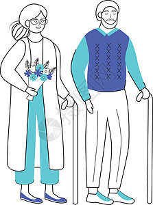 退休人员平面矢量图解 拿着拐杖的高龄家庭 老夫妻 有花的老妇人 养老金领取者在白色背景上用轮廓元素隔离了卡通人物设计图片