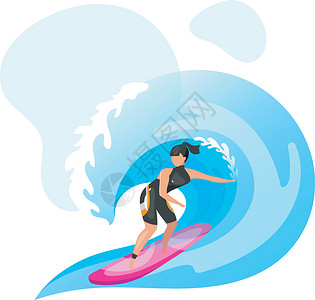 卡通冲浪冲浪平面矢量图 极限运动体验 积极的生活方式 暑假户外趣味活动 海洋绿松石波 蓝色背景上孤立的女运动员卡通人物平衡海洋海浪海景假设计图片