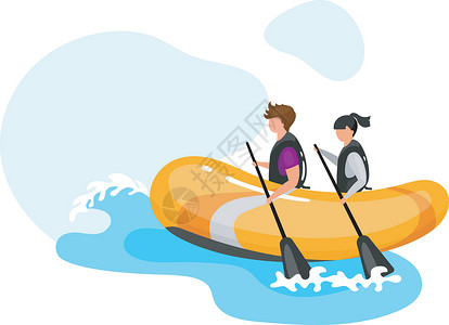 水上漂浮的人夫妇在船上平面矢量图 极限运动体验 积极的生活方式 夏季户外趣味活动 海洋绿松石波 蓝色背景上孤立的运动员卡通人物海洋热带乐趣木设计图片