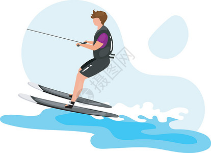 滑水板滑水平面矢量图 极限运动体验 积极的生活方式 夏季户外趣味活动 海洋绿松石波 蓝色背景上孤立的运动员卡通人物滑雪闲暇海浪活力插图设计图片