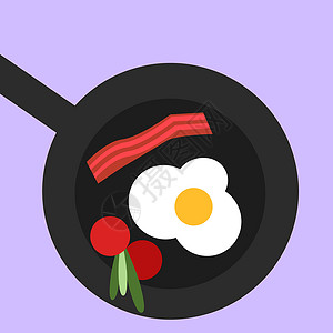 平底锅煎蛋白色背景上的培根和鸡蛋平底锅蛋黄黄色早餐熏肉油炸食物烹饪猪肉英语设计图片