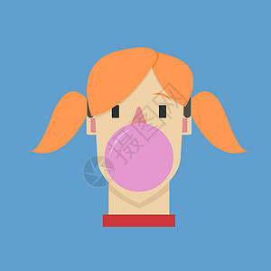 泡泡糖女孩白色背景上嚼口香糖的女孩插画矢量设计图片