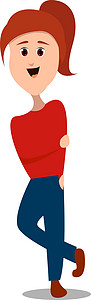 穿毛衣的女孩白色背景上穿红色衬衫的女孩插画矢量黑色卡通片女士裙子头发衣服打印女性微笑设计图片