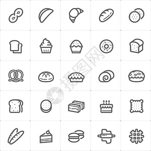 早餐图图标集-白色背景上的面包店和面包轮廓描边矢量插图设计图片