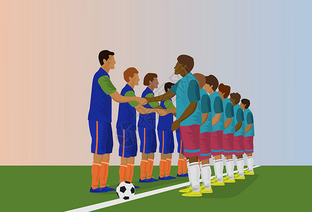 荷兰足球队足球队手牵着手 为了开始足球比赛 蓝色背景设计图片