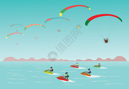 海上降落伞在天空滑翔机的海边度假 海蓝天背景中有一架摩托艇设计图片