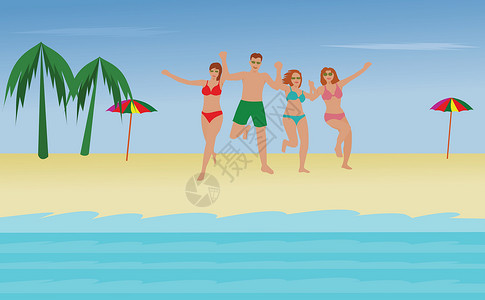 朋友如伞四个人在沙滩上奔跑出海 度过一个快乐的假期 以天空为背景设计图片