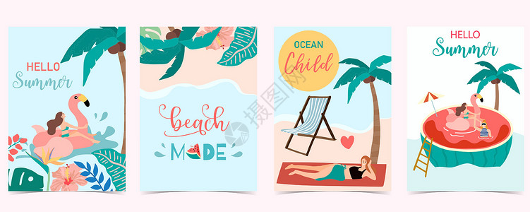 阿罗哈棕榈树夏季背景集合与人 西瓜 beac场景彩虹朋友标识季节假期海滩游泳热带卡片设计图片