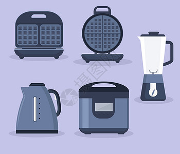 电子煮锅厨房用具集合 厨房用具图标的矢量集合 华夫饼铁搅拌机慢炖锅水壶 平面样式设计图片