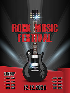 优质老电吉他摇滚音乐节传单海报设计模板黑色吉他在深色背景矢量图案设计图片