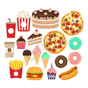 披萨饼底快餐图标 se菜单蛋糕爆米花甜甜圈苏打垃圾小吃动画片插图食物设计图片