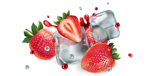 水果冰淇凌带冰块 水和果汁的新鲜草莓烹饪插图液体饮料饮食冷藏水果美食食谱食物设计图片