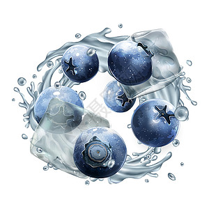 飞沫蓝莓和动态水滴 带冰块咖啡店饮食果汁维生素食谱食物餐厅甜点冷藏味道设计图片