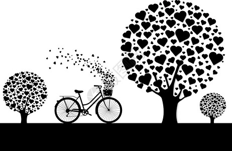 电自行车黑色木心与自行车季节漩涡木头爱心绘画树叶枝条庆典载体婚礼设计图片