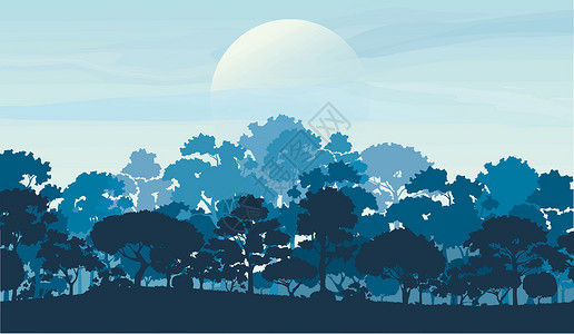 针叶松森林树木剪影自然景观背景矢量图 EPS1天空丘陵季节野生动物场景日落植物环境薄雾阴影设计图片