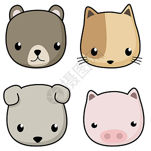 猪宝宝表情向量集的可爱动物卡通人物 白色背景上孤立的熊猫狗和猪卡通脸设计图片