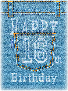 1112岁16 岁生日快乐贺卡 带有牛仔裤口袋的逼真牛仔布背景 用于问候语或现金设计图片