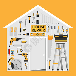 工作使我富有一套 DIY 家庭维修工作工具矢量标志设计模板在家庭形状的屋顶下 上门维修维修图标 用于家庭装修施工的手动工具 平面设计锤子成套设计图片