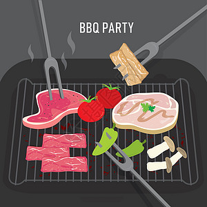 吃烧烤撸串人一套用于派对牛肉猪肉和蔬菜的烧烤烧烤食品 它制作图案卡通矢量设计图片