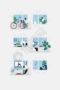 看电视的人一套关于为隔离而留在家中的人的平面图示 一栋公寓房 窗户和小门的外墙植物园艺在线孤独曲线公寓寒意教育插图房子设计图片