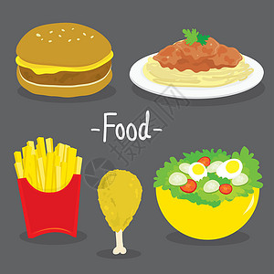 黑椒牛肉沙拉汉堡包炸薯条鸡肉意大利面沙拉食品卡通 vecto设计图片