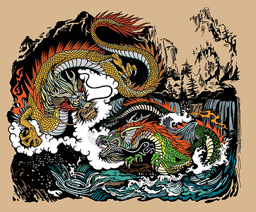 龙归寨瀑布两条中国龙它制作图案设计图片