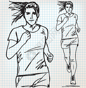 跑赢女赛跑者素描它制作图案运动装草图女性学校插图笔记本慢跑者工作簿胜利正方形设计图片