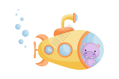 水下卡通可爱的卡通河马从黄色的潜艇窗户往外看 设计设计图片