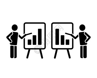 三个人图标两张简单的黑色固态图标象形图 用翻页图指向在条形图表列上不断增长和下降的粗体图柱子 “商业演示”概念设计图片