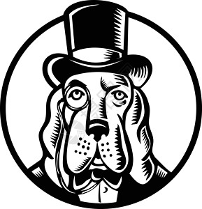 金黄猎犬头穿着单项和顶帽子黑白圆圈礼帽犬类吉祥物圆筒帽高帽子猎犬宠物海狸标识圆形设计图片